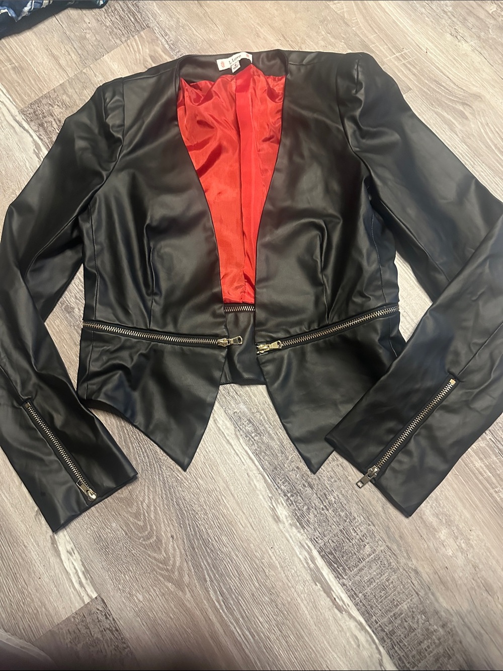 Women's Black Faux Leather Open-Front Jacket with Red Lining